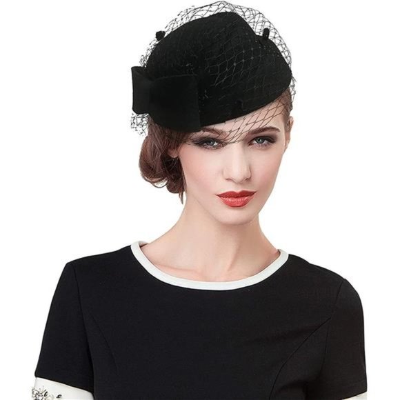 British Vintage Wool Felt Pillbox Hat 021 Black - Picture 1 of 6